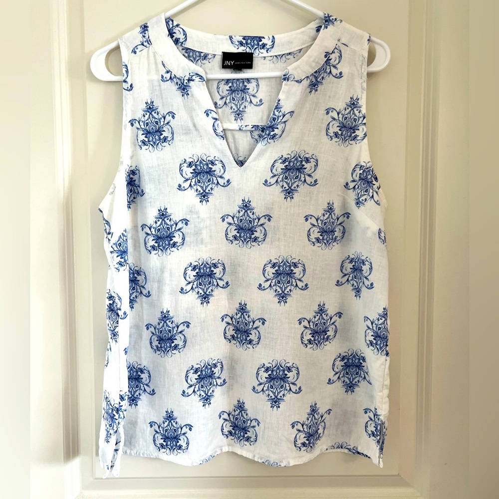 Jones New York White Sleeveless Top with Blue Floral Print, large